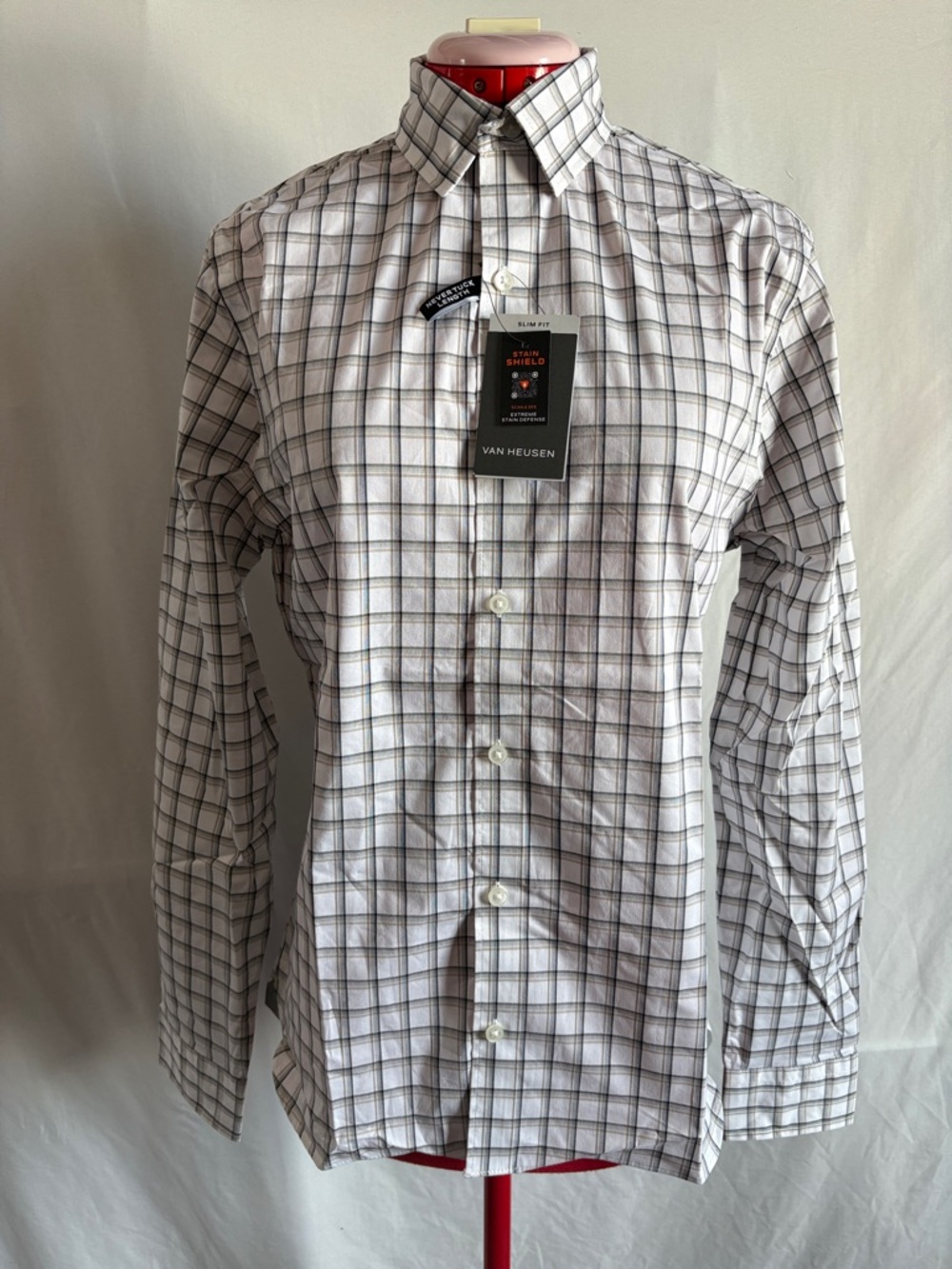 Van Heusen White Plaid Long Sleeve Dress Shirt with Gray and Black Windowpane